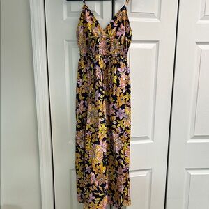 J. Crew Navy Maxi Dress with Yellow & Pink Floral Print